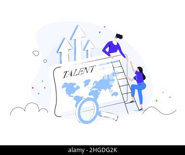 Composition with group of managers, employees or office workers climbing up together and supporting each other. Concept of team building, teamwork Stock Vector
