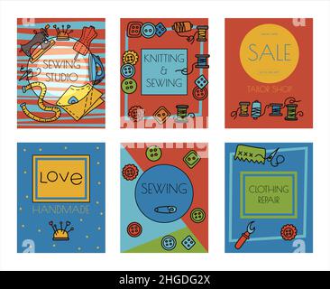 Vector doodle sewing banners. Vector tailoring tools icons. Sewing mannequin, machine, measuring and cutting supplies, Black outline. Sketch with Stock Vector