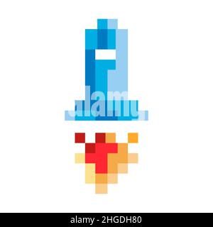 Pixel art rocket launch. Spaceship icon in retro style. Isolated vector illustration. Stock Vector