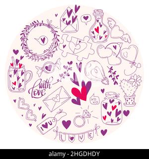 Hand-drawn simple doodle love and 14th february themed elements. Isolated vector outline illustrations for the St.Valentine's day Stock Vector