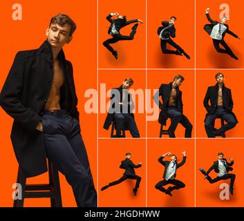 Preset made of images of amazing performance of one male ballet dancer wearing business suit practicing isolated on orange background. Stock Photo