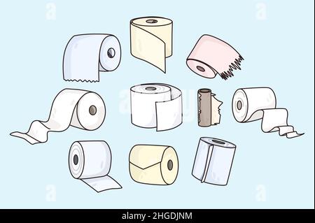 Set of toilet papers isolated on blue background. Collection of paper rolls and kitchen towel. Household items. Flat vector illustration. Bathroom and WC package bundle.  Stock Vector