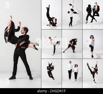 Collage of portraits of male and female ballet dancers dancing isolated on white background. Concept of art, theater, beauty and creativity Stock Photo