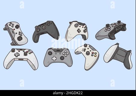 Set of various game controllers. Collection of old and modern gamepads for computer video gaming. Playing console and PC internet applications. Devices and gadgets. Flat vector illustration.  Stock Vector