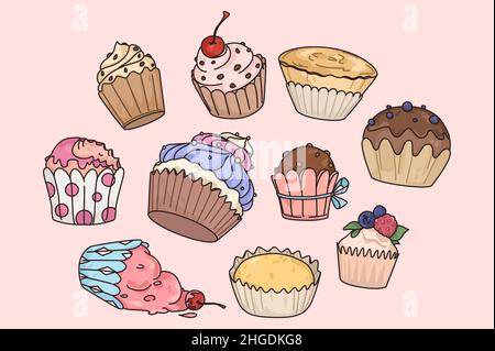 Set of various sweet cupcakes decorated with cream. Collection of muffins with fillings and toppings. Sweet dessert concept. Flat vector illustration. Bakery or coffee shop menu advertising.  Stock Vector