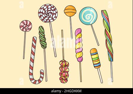 Set of different shapes and sizes caramel on stick. Collection of sugar candies or lollipops. Candy shop or store advertising. Sweet box or bar. Flat vector illustration.  Stock Vector