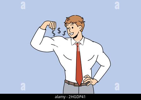 Leadership authority and strength concept. Young smiling businessman in white shirt standing and showing strong biceps meaning business success and financial profit vector illustration  Stock Vector