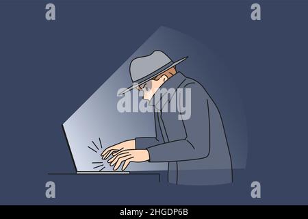 Online crime and fraud concept. Young man fraud thief sitting at laptop committing computer internet crime making attack hacking vector illustration  Stock Vector
