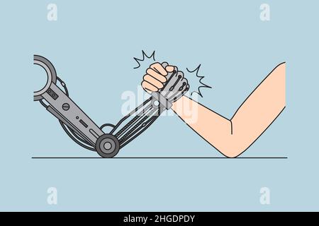 Artificial technologies and competition concept. Hands of human and robot competing in strength power fighting technologies against humans vector illustration  Stock Vector