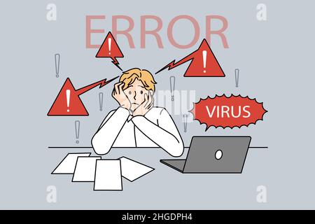 Virus and error in laptop concept. Stressed confused worker man sitting and having problem error virus in laptop computer vector illustration  Stock Vector