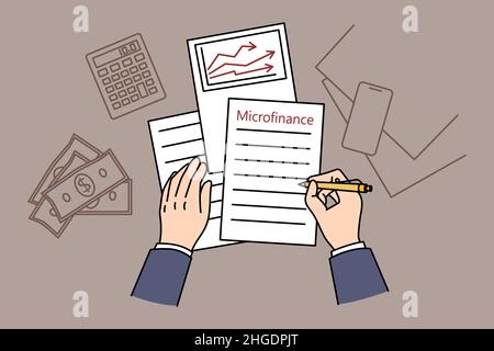 Business plan and microfinance concept. Top view and flat-lay of businessman hands making notes on microfinance plan strategy development counting expenses on table vector illustration Stock Vector