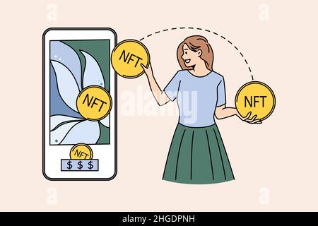 Cryptocurrency bitcoin and blockchain concept. Smiling woman standing and putting coins nft to screen of mobile phone making money profit vector illustration  Stock Vector