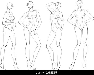 Fashion figure ten heads design template croquis wearing bodice Stock Vector