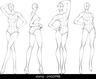 Fashion figure ten heads design template croquis wearing bodice Stock Vector