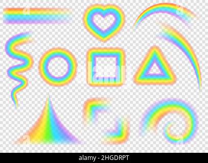 Realistic colorful rainbow shapes, lines, waves and curves. Magic rainbow circle, heart, square frames and spiral. Pride symbol vector set Stock Vector