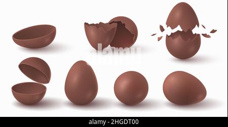 Realistic broken, cracked and exploded easter chocolate eggs. Choco ball half. Open sweet surprise egg. Dark cocoa confectionery vector set Stock Vector