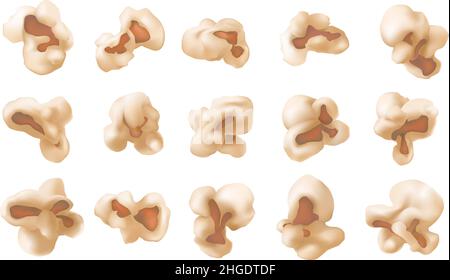 Realistic popcorn flakes, popped kernels, movie snack food. Tasty fried caramel corn seeds for cinema theatre or party. Popcorn vector set Stock Vector