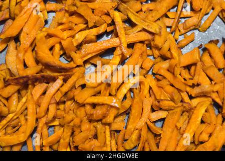 Sliced and fried sweet potatoes, Ipomoea batatas Stock Photo