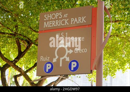 Directional sign outside the Shops at Merrick Park, an upscale, luxury, open air shopping center in Coral Gables, Florida, USA. Stock Photo