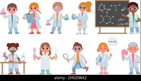 Cartoon kids in robes do chemistry experiment, children scientists. Biological students do laboratory test. Kid science education vector set Stock Vector