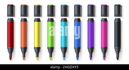 Realistic colorful permanent markers, drawing pen palette. Stationery highlighters. Children and artist painting tools colors 3d vector set Stock Vector