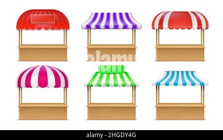 Realistic empty wood market booth with striped awning. Wooden street fair stall. Grocery, fruit or bakery kiosk with canopy roof vector set Stock Vector
