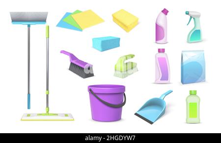 Realistic 3d home cleaning tools, brooms, mop and bucket. Household cleanup and dish washing chemical products, rags and sponges vector set Stock Vector