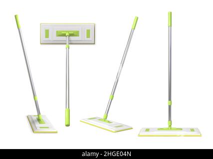 Realistic 3d floor cleaning mop with rag and plastic handle. Home surface clean up tool top and side view for product ad. Mops vector set Stock Vector