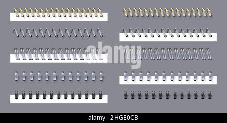 Realistic metal spiral and ring binders for notebook or calendar. 3D black, steel and gold spring or wire coil bind paper pages vector set Stock Vector