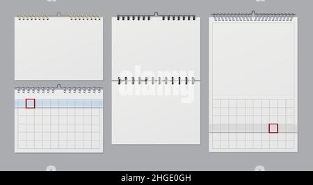 Realistic blank wall calendars mockups with spiral and table. Paper calendar with bind wire rings and white pages. 3d callender vector set Stock Vector
