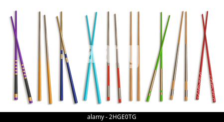 Realistic wooden chopstick designs for asian food, chinese utensils. Traditional japanese bamboo chop sticks for sushi restaurant vector set Stock Vector