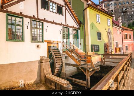 Colorful facades of houses in the historic center of the medieval town Cesky Krumlov, Czech Republic, Europe. Stock Photo
