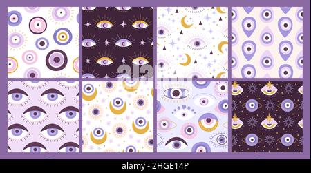 Turkish protection amulet, evil eye seamless pattern. Print with mystic ethnic nazar symbols. Occult lucky third eyes texture vector set Stock Vector