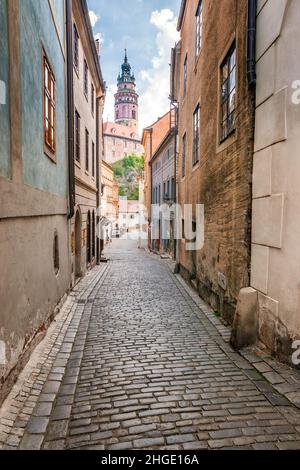 Street in the center of the medieval town Cesky Krumlov, Czech Republic, Europe. Stock Photo