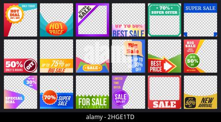 Social media sale post template with discount stickers. Product promotion square frames for social network ads. Web promo offer vector set Stock Vector