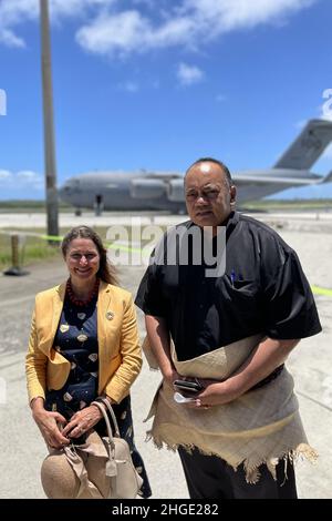 Tonga. 20th Jan, 2022. Prime Minister of Tonga, Siaosi Sovaleni, joins the Australian High Commissioner to Tonga, Ms. Rachael Moore, to witness the arrival of the first Royal Australian Air Force C-17A Globemaster III aircraft from Australia delivering humanitarian assistance on January 20, 2022. Credit: UPI/Alamy Live News Stock Photo