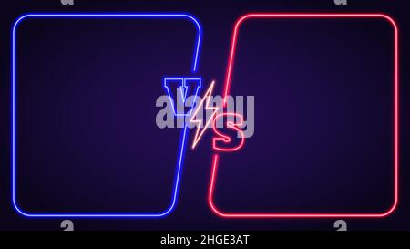 Blue vs red team battle neon background with glowing frames. Fight banner with versus symbol and lightning. Duel competition vector template Stock Vector