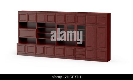 Soviet style big sideboard isolated on white. 3d rendering of large vintage USSR wooden closet with different sections  Stock Photo
