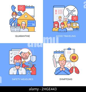 Quarantine and disease - set of line design style colorful illustrations. Four detailed images on health care and dangerous virus topic. Avoid travell Stock Vector