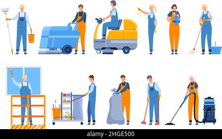 Professional cleaning company workers with equipment, vacuums and sweeper. Window washing. Characters with mop, broom and bucket vector set Stock Vector