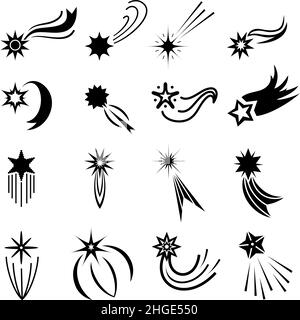 Flat falling stars icons, comet logo designs. Magic star fall with sparkle trail. Abstract galaxy meteor with tail. Shooting star vector set Stock Vector