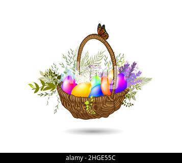 Basket with eggs and flowers. Happy easter. Vector illustration Stock Vector