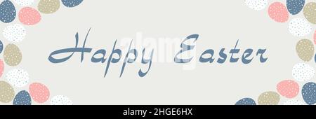 Easter design with eggs and flowers in pastel colors. Horizontal poster. Happy Easter greetings text. Design for title for the site ,banner, poster