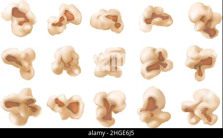 Realistic popcorn flakes, popped kernels, movie snack food. Tasty fried caramel corn seeds for cinema theatre or party. Popcorn vector set Stock Vector