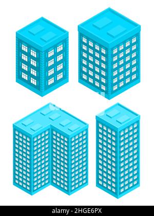 Set of buildings in isometric style. Residential high houses. Vector isolated illustration on white background Stock Vector