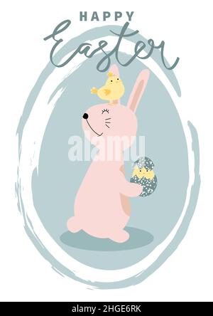 Vector illustration of cute bunny with little chickens. Happy Easter greetings text. Design for web, site, banner, poster, card, paper print, postcard Stock Vector
