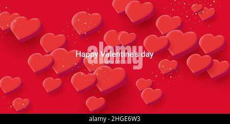 Isometric 3d red hearts creating random texture with confetti on red background Stock Vector