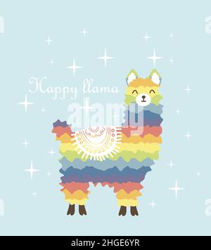 Iridescent llama illustration with fun quote ''Happy llama'' to card, invitation, nursery, gifts, etc. Modern exotic design for paper, cover, fabric Stock Vector