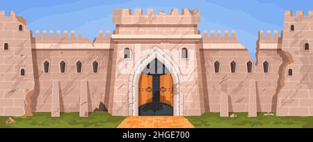 Cartoon broken medieval castle or city wall ruins after war. Abandoned stone block fortress with towers. Ruined kingdom walls vector scene Stock Vector