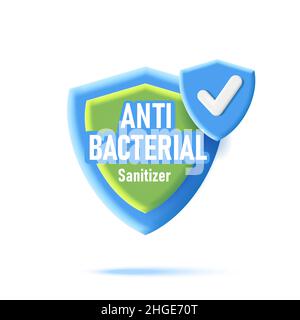 Anti bacterial lebel, 3d icon of protection shield in blue and green colors Stock Vector